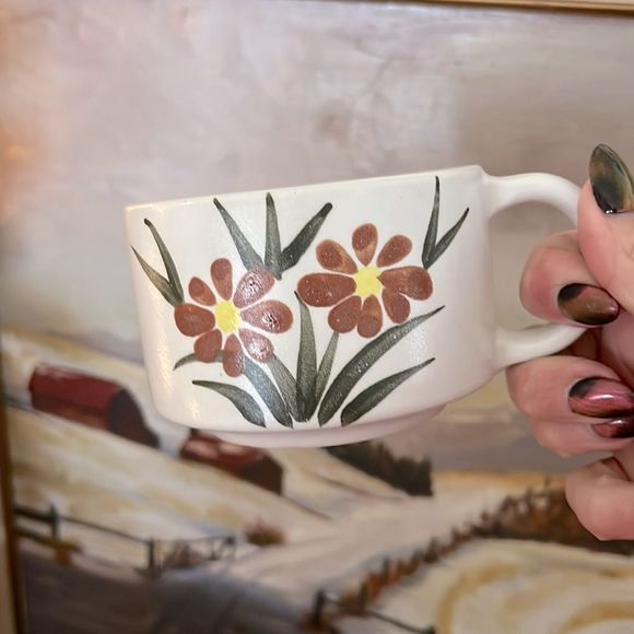 Vintage Stoneware Soup Bowl with Flowers - Picture 1 of 5